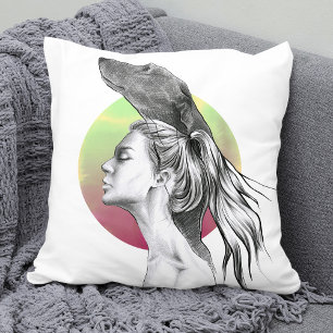 Greyhound and Woman Portrait Dog Lover Elegant Art Throw Pillow