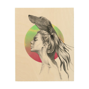Greyhound and Woman Portrait Dog lover Elegant Wood Wall Art