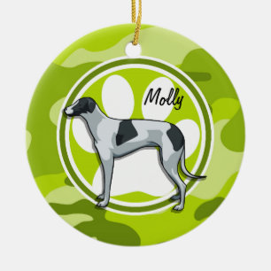 Greyhound; bright green camo, camouflage ceramic ornament