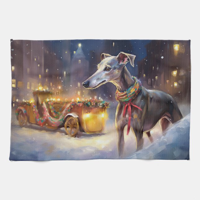 Greyhound Christmas Festive Season  Kitchen Towel (Horizontal)