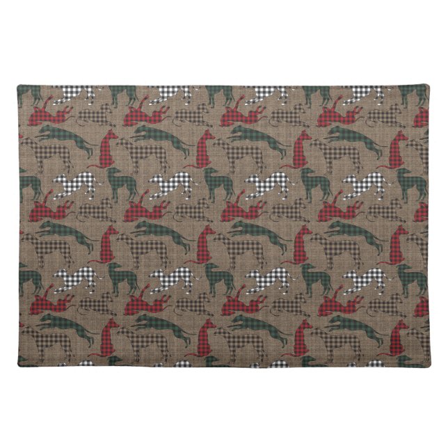 Greyhound Christmas Plaid Burlap  Cloth Placemat (Front)