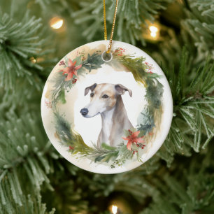 Greyhound Christmas Wreath Festive Pup  Ceramic Ornament