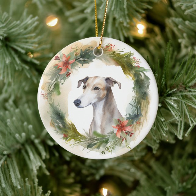 Greyhound Christmas Wreath Festive Pup  Ceramic Ornament (Tree)
