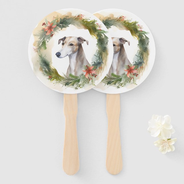 Greyhound Christmas Wreath Festive Pup  Hand Fan (Front and Back)