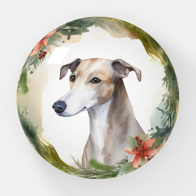 Greyhound Christmas Wreath Festive Pup  Paperweight (Front)