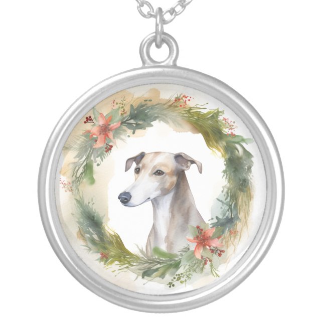 Greyhound Christmas Wreath Festive Pup  Silver Plated Necklace (Front)