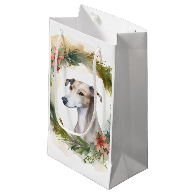 Greyhound Christmas Wreath Festive Pup  Small Gift Bag (Front Angled)