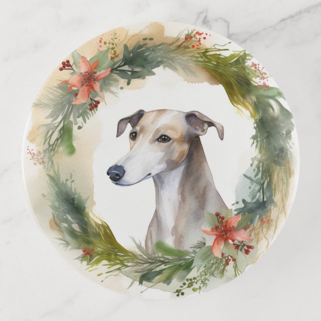 Greyhound Christmas Wreath Festive Pup  Trinket Tray (Front)