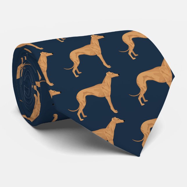 Greyhound color illustration on dark blue neck tie (Rolled)