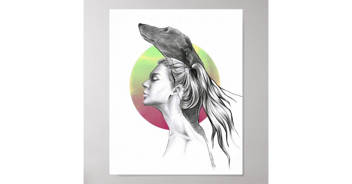 Greyhound dog and woman portrait drawing art poster | Zazzle.com