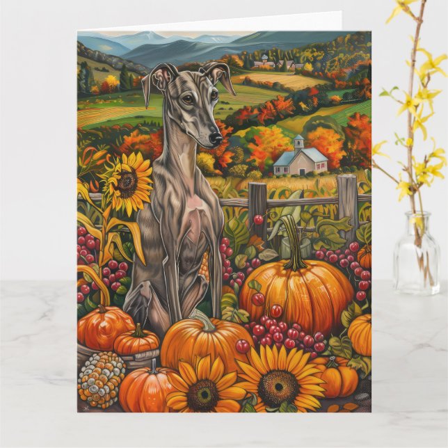Greyhound Dog Autumn Harvest Thanksgiving Card (Yellow Flower)