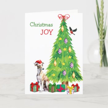 Greyhound Dog  Bird And Christmas Tree Holiday Card by DogVillage at Zazzle