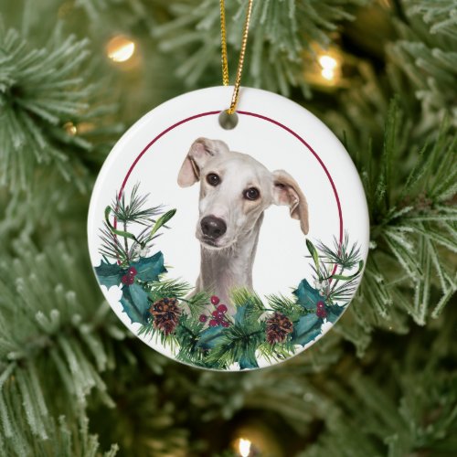 Greyhound Dog Evergreen Berry Wreath Ceramic Ornament