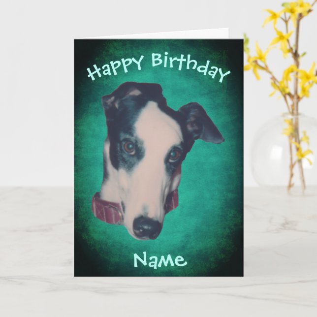Greyhound Dog Face Personalized Birthday  Card (Yellow Flower)