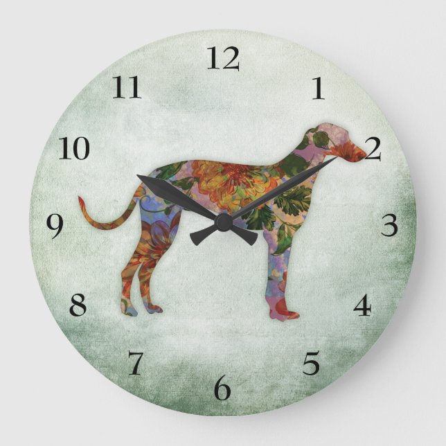 Greyhound Dog Floral On Green Large Clock (Front)