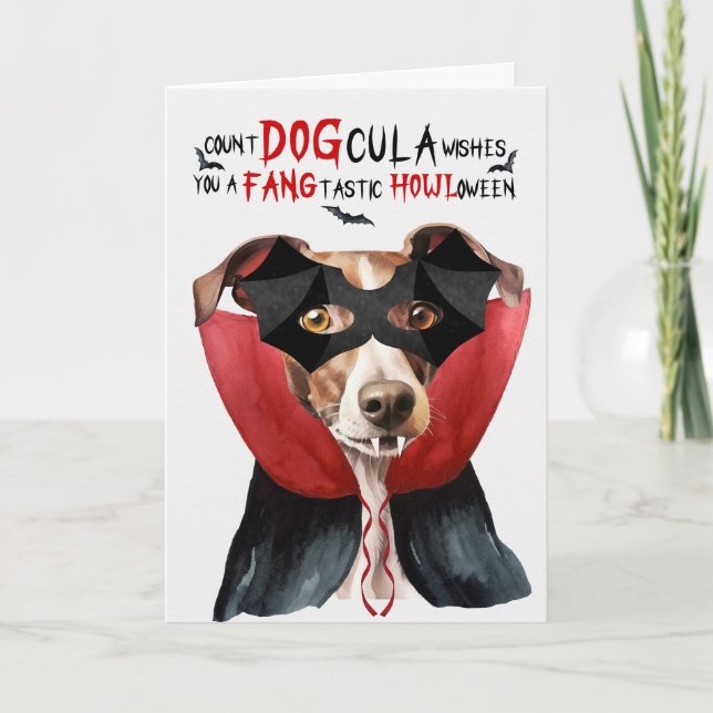 Greyhound Dog Funny Count DOGcula Halloween Holiday Card (Front)
