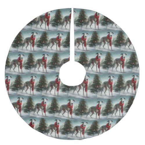 Greyhound Dog in Snow Christmas  Brushed Polyester Tree Skirt