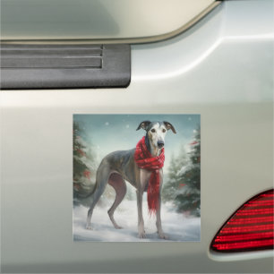 Greyhound Dog in Snow Christmas Car Magnet