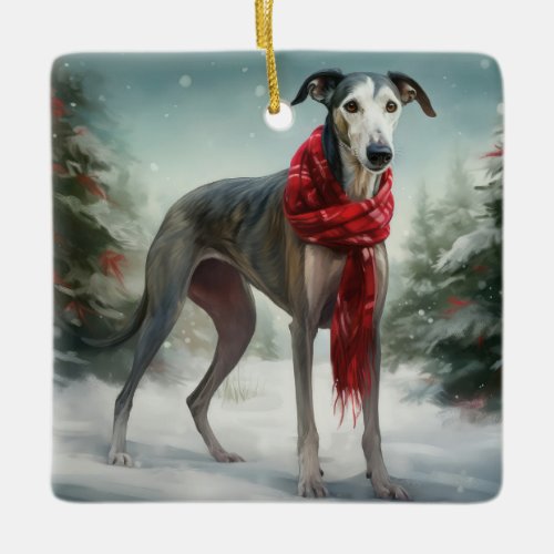 Greyhound Dog in Snow Christmas  Ceramic Ornament