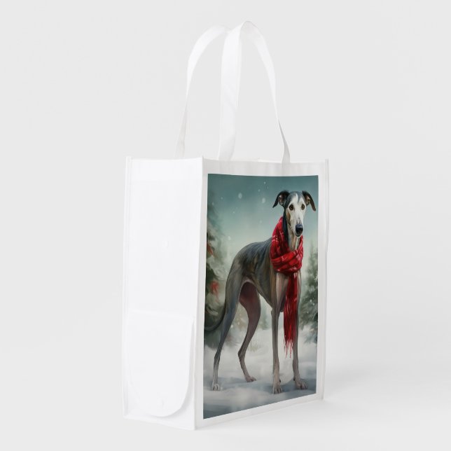 Greyhound Dog in Snow Christmas  Grocery Bag (Front Side)