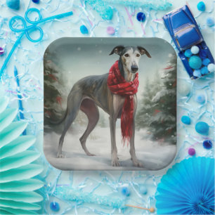 Greyhound Dog in Snow Christmas Paper Plates