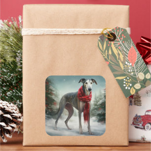 Greyhound Dog in Snow Christmas Square Sticker