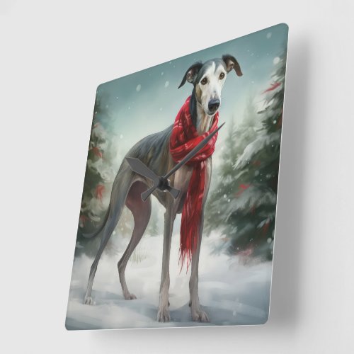 Greyhound Dog in Snow Christmas  Square Wall Clock