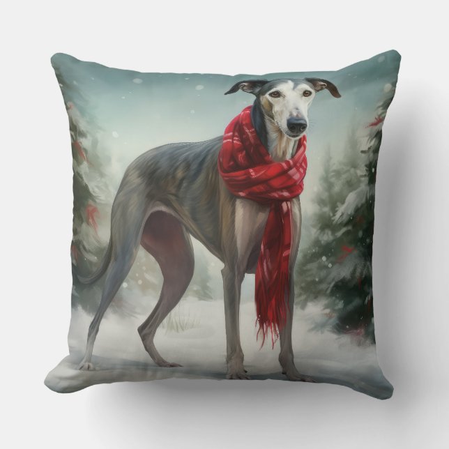 Greyhound Dog in Snow Christmas  Throw Pillow (Front)