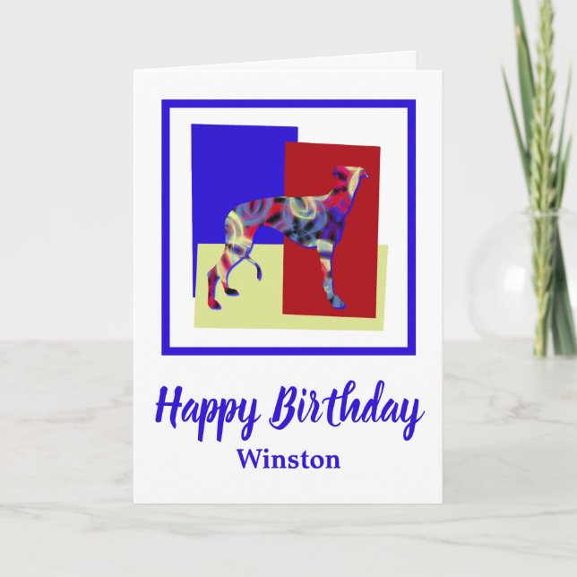 Greyhound Dog Red Blue Yellow Fun Birthday Card (Front)