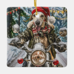 Greyhound Dog Riding Motorcycle Christmas Ceramic Ornament