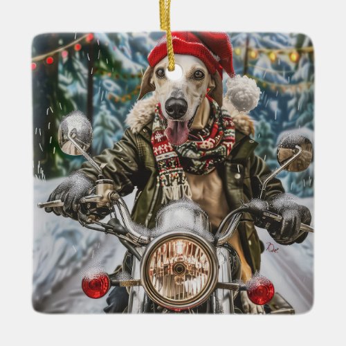 Greyhound Dog Riding Motorcycle Christmas  Ceramic Ornament