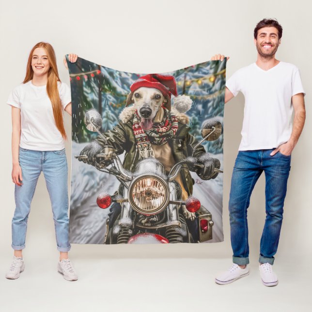 Greyhound Dog Riding Motorcycle Christmas  Fleece Blanket (In Situ)