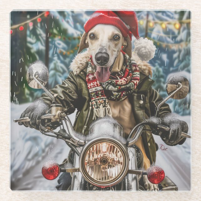 Greyhound Dog Riding Motorcycle Christmas  Glass Coaster (Front)