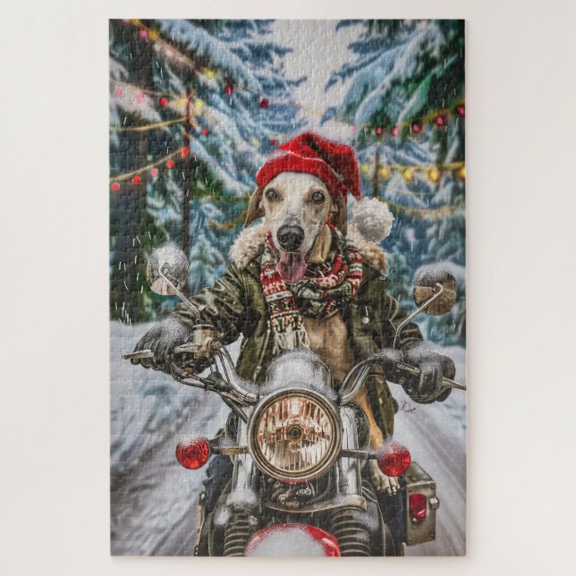 Greyhound Dog Riding Motorcycle Christmas  Jigsaw Puzzle (Vertical)