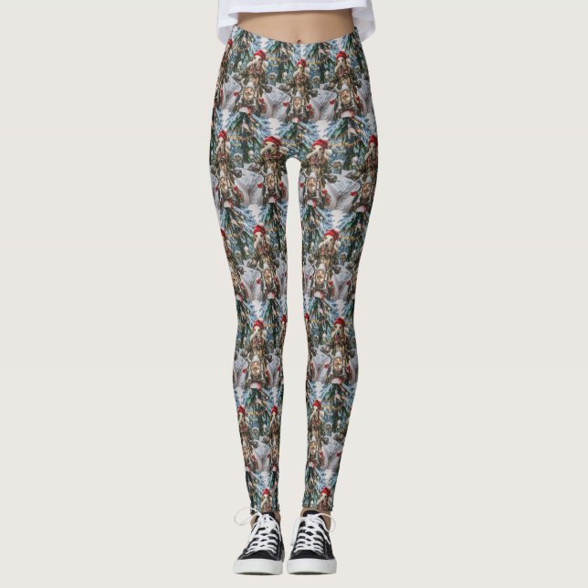 Greyhound Dog Riding Motorcycle Christmas  Leggings (Front)