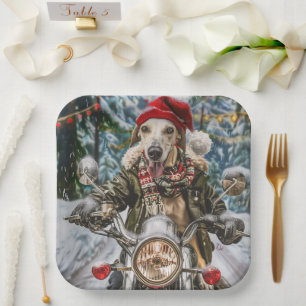 Greyhound Dog Riding Motorcycle Christmas Paper Plates