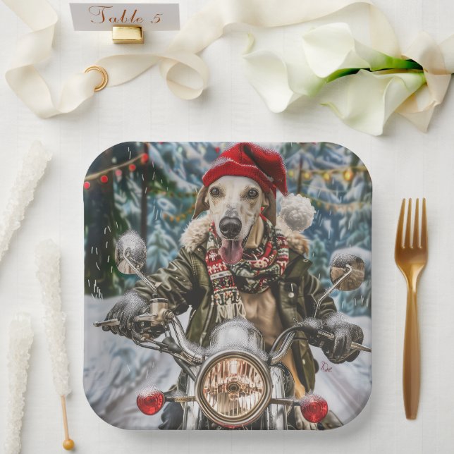 Greyhound Dog Riding Motorcycle Christmas  Paper Plates (Wedding)