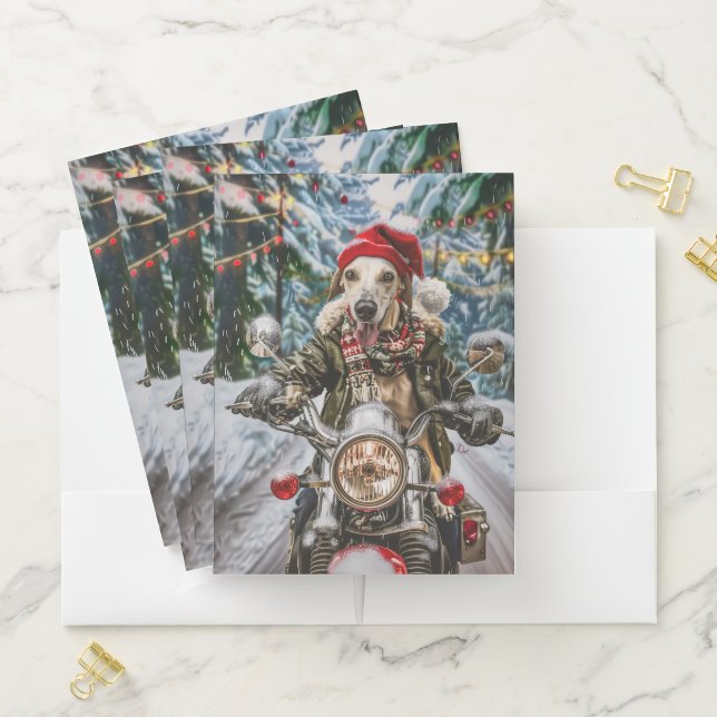 Greyhound Dog Riding Motorcycle Christmas  Pocket Folder (In Situ)
