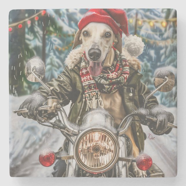 Greyhound Dog Riding Motorcycle Christmas  Stone Coaster (Front)
