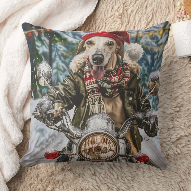 Greyhound Dog Riding Motorcycle Christmas  Throw Pillow (Blanket)