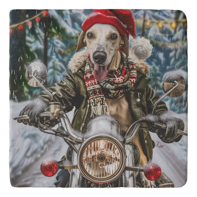 Greyhound Dog Riding Motorcycle Christmas  Trivet (Front)