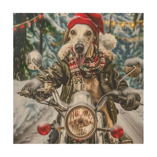 Greyhound Dog Riding Motorcycle Christmas  Wood Wall Art