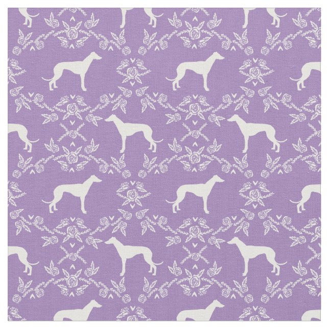 greyhound dog silhouette purple florals fabric (Close Up)