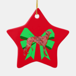 Greyhound Dog Silhouette Red & Green Bow Christmas Ceramic Ornament