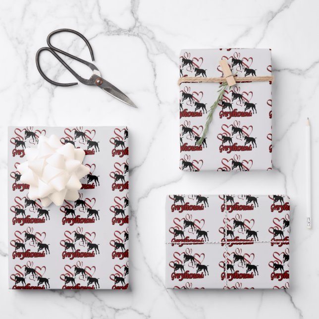 Greyhound Dogs And Red Hearts   Wrapping Paper Sheets (Front)