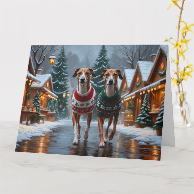 Greyhound Dogs Christmas Snow Holiday Card (Yellow Flower)