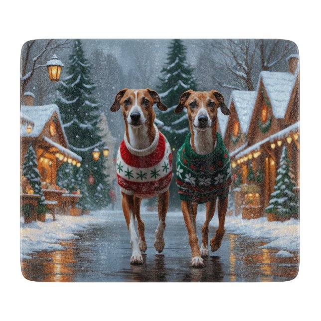 Greyhound Dogs Christmas Snow Holiday Cutting Board (Front)