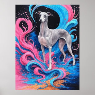 Greyhound Drawing w Water Splash Color Background Poster