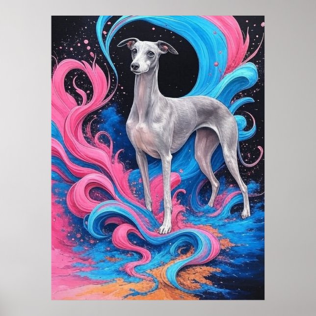  Greyhound Drawing w Water Splash Color Background Poster (Front)