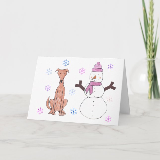 Greyhound Fawn & Snowman Holiday Card (Front)